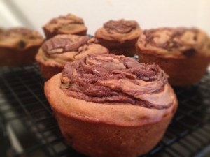 GF Banana Peanut Butter Chocolate Chip Nutella Stuffed Muffins