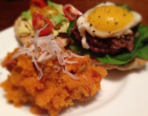 Bison Burger with Paleo GF Bun and Mashed Coconut Sweet Potato