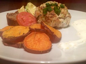 Zucchini Turkey Burgers with Yogurt Lemon Sauce and Coconut Rosemary Sweet Potato Rounds 