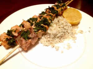 Grilled Salmon Kebobs with Parmesan Pesto and Cauliflower Rice