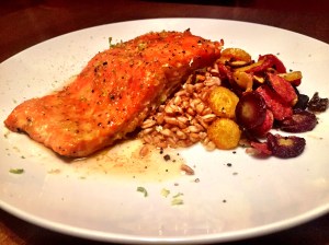 Honey Glazed Salmon, Farro and Carrot Chips