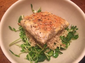 Asian Inspired Tempeh Over Pea Shoots and Quinoa
