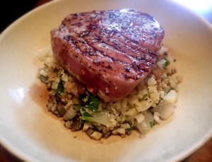 Seared Tuna Over Cilantro Lime Cauliflower Rice with an Orange Balsamic Glaze
